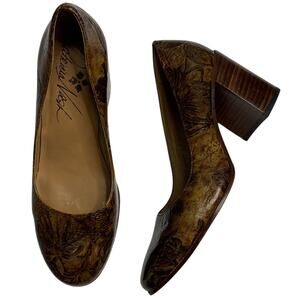 Patricia Nash Anita Block Heel Leather Pumps Bark Leaves Brown Shoes S-106 Sz 6